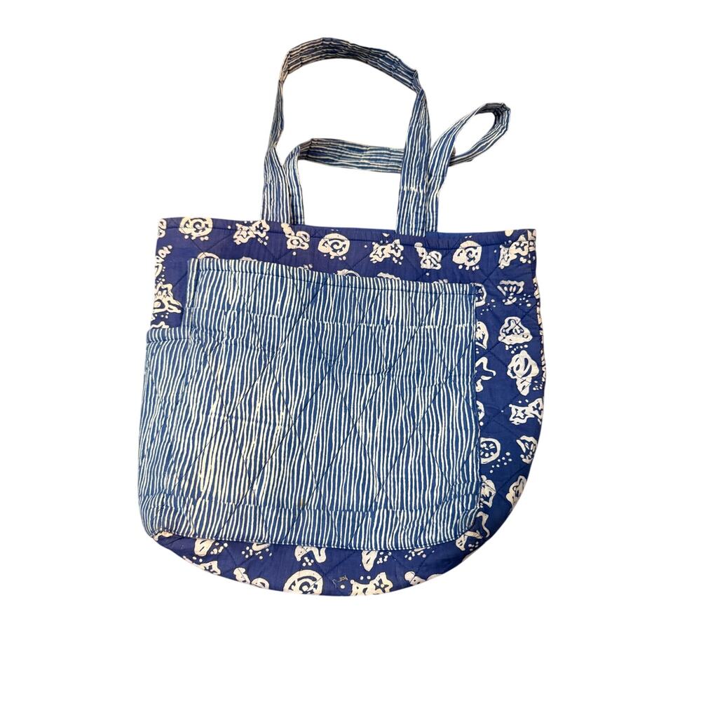 Blue Ginger Quilted Tote Bag Blue White Stripe Floral Print Shoulder Bag